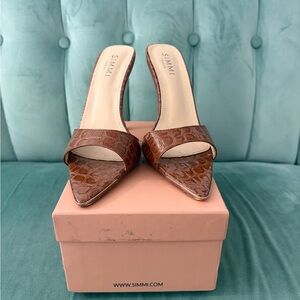 Brown Croc-Effect Pointed Toe Mule Heels